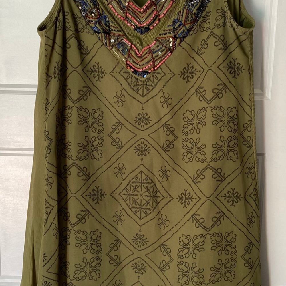 Free People Olive Green Chiffon Mini Dress Size XS Beaded V-Neck Collar